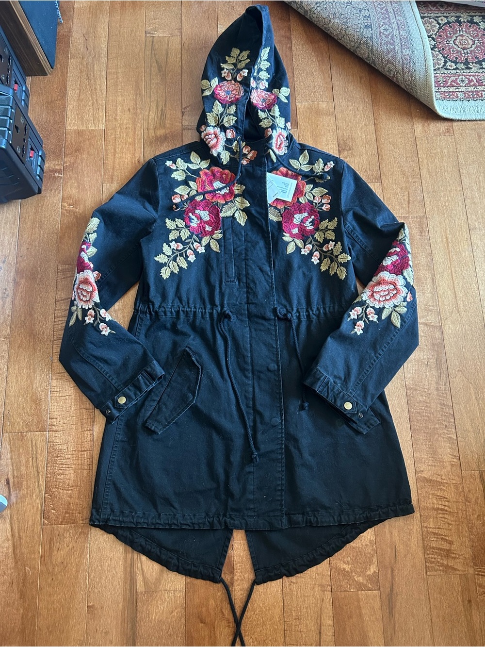 NWT Johnny Was Workshop Mehdi Hooded Military Coat Utility Embroidered Roses